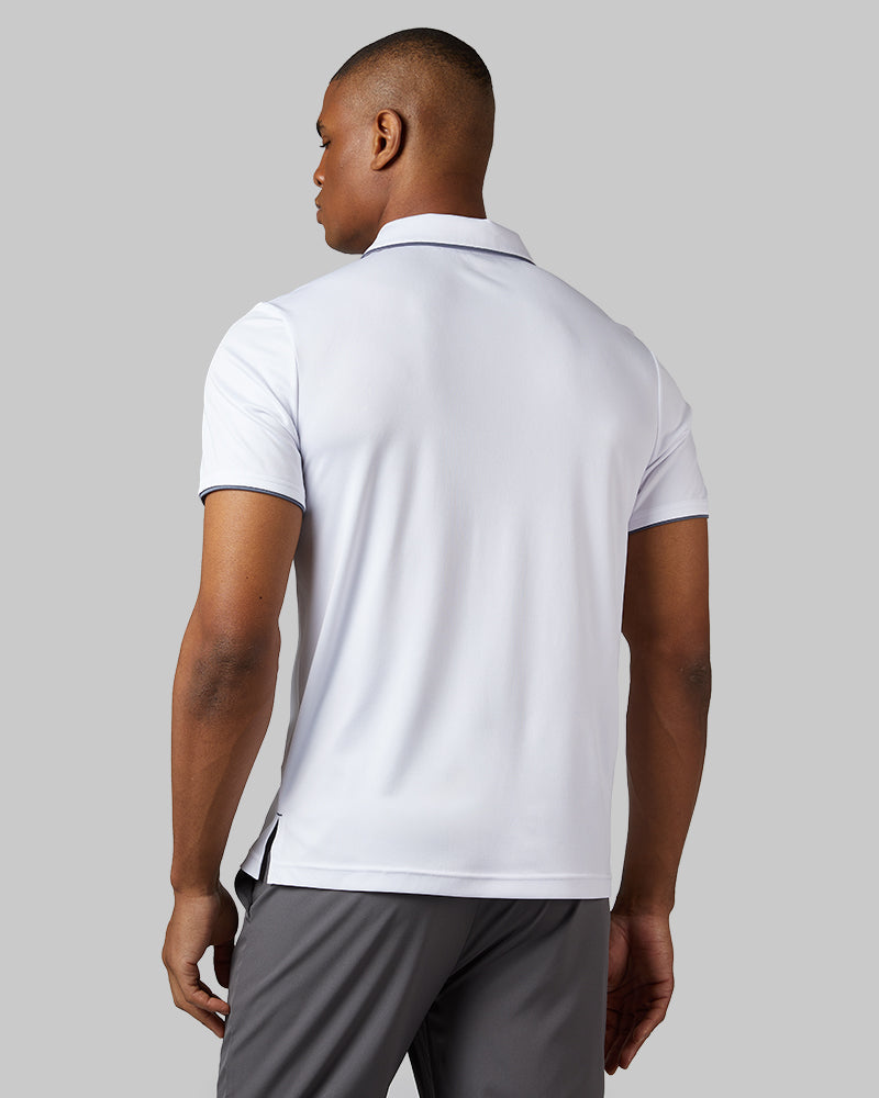 32 Degrees White _ Men's stretch Flow Tipped Polo {model: Isaiah is 6'1", wearing size M}{bottom}{right} {bottom}{right}