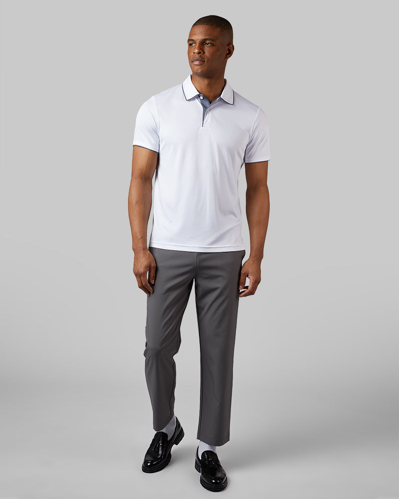 32 Degrees White _ Men's stretch Flow Tipped Polo {model: Isaiah is 6'1", wearing size M}{bottom}{right} {bottom}{right}