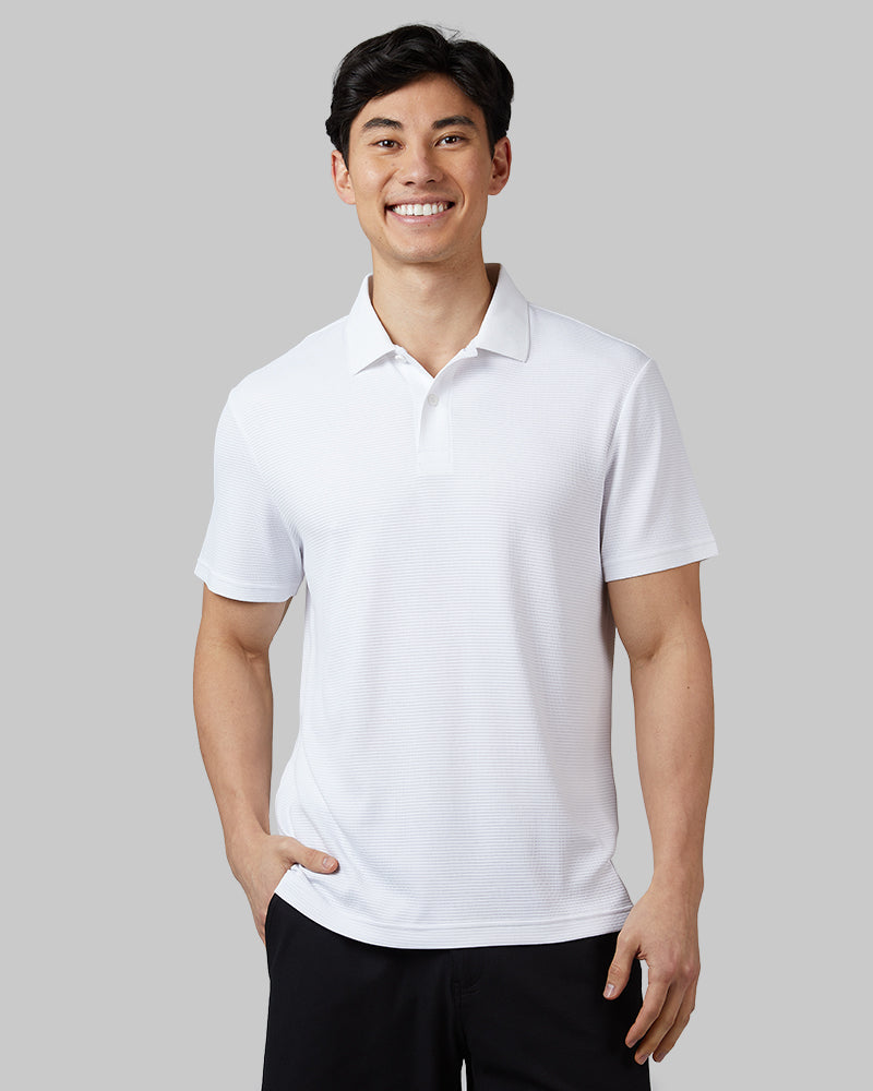 32 Degrees White _ Men's Golf Polo {model: Warwick is 6'1", wearing size M}{bottom}{right} {bottom}{right}