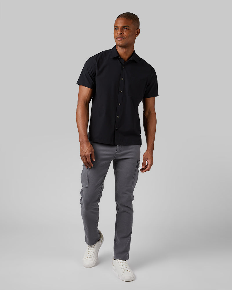32 Degrees Black _ Men's Casual short sleeve Dress shirt {model: Isaiah is 6'2", wearing size M}{bottom}{right} {bottom}{right}
