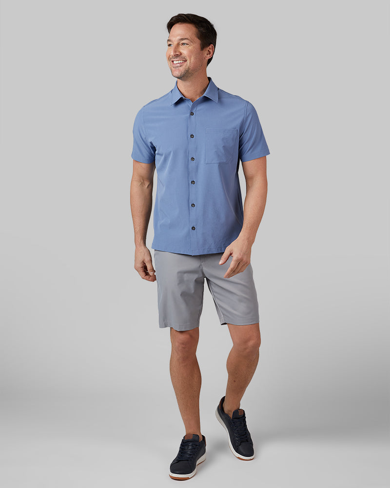 32 Degrees Harbor Blue _ Men's Casual short sleeve Dress shirt {model: Andrew is 6'2", wearing size M}{bottom}{right} {bottom}{right}