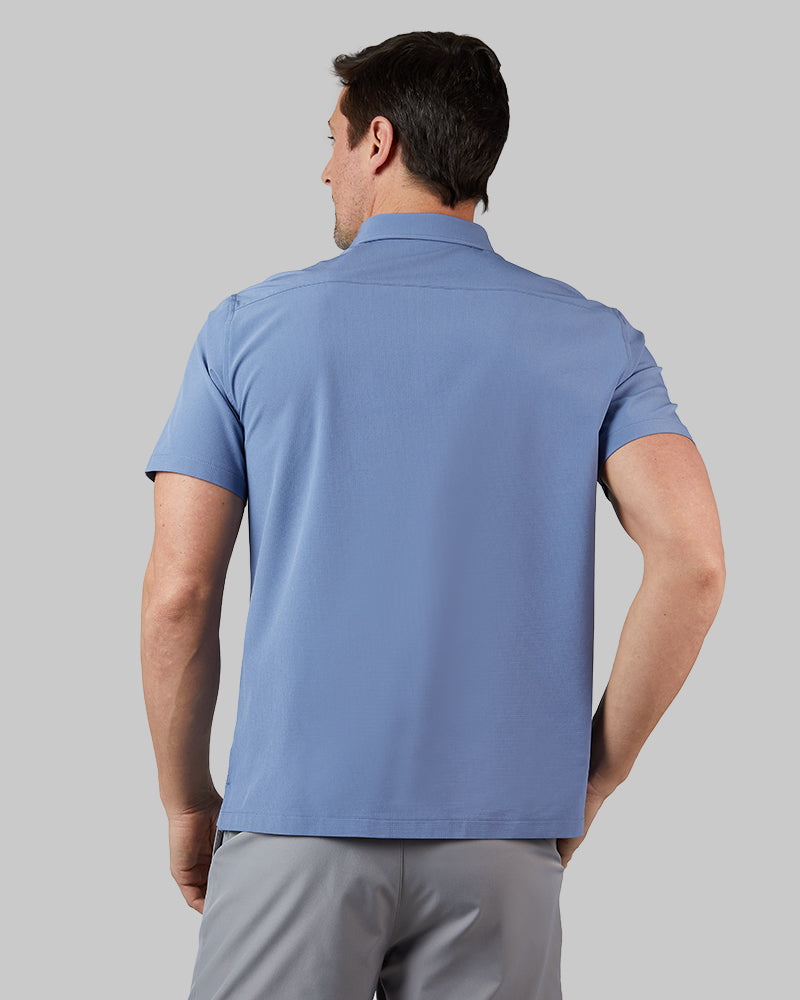 32 Degrees Harbor Blue _ Men's Casual short sleeve Dress shirt {model: Andrew is 6'2", wearing size M}{bottom}{right} {bottom}{right}
