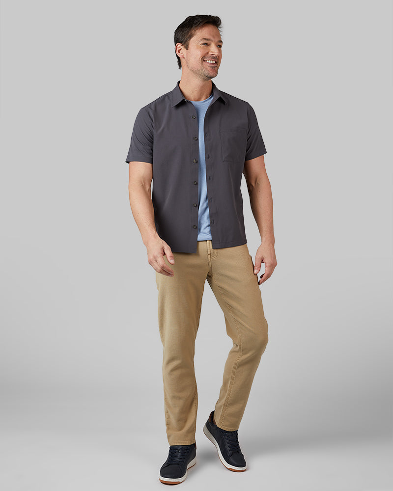 32 Degrees Iron _ Men's Casual short sleeve Dress shirt {model: Andrew is 6'2", wearing size M}{bottom}{right} {bottom}{right}