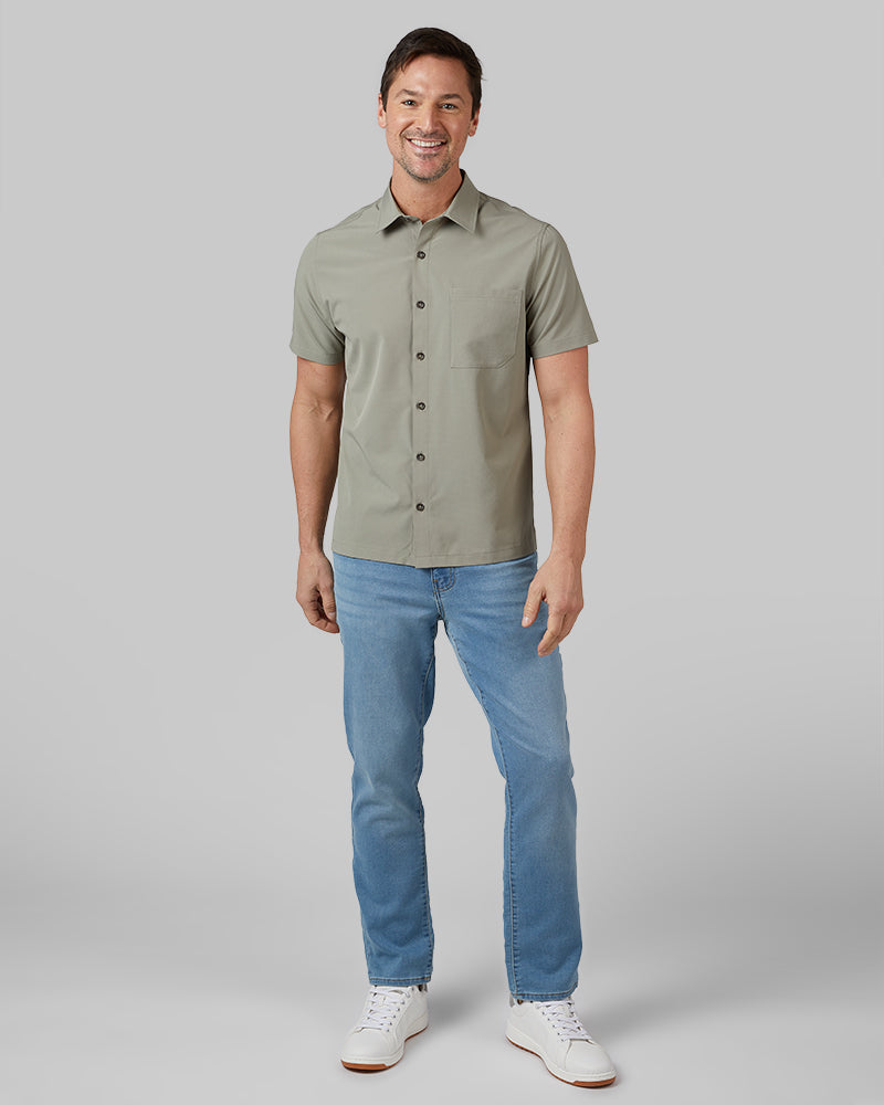 32 Degrees Seagrass _ Men's Casual short sleeve Dress shirt {model: Andrew is 6'2", wearing size M}{bottom}{right} {bottom}{right}