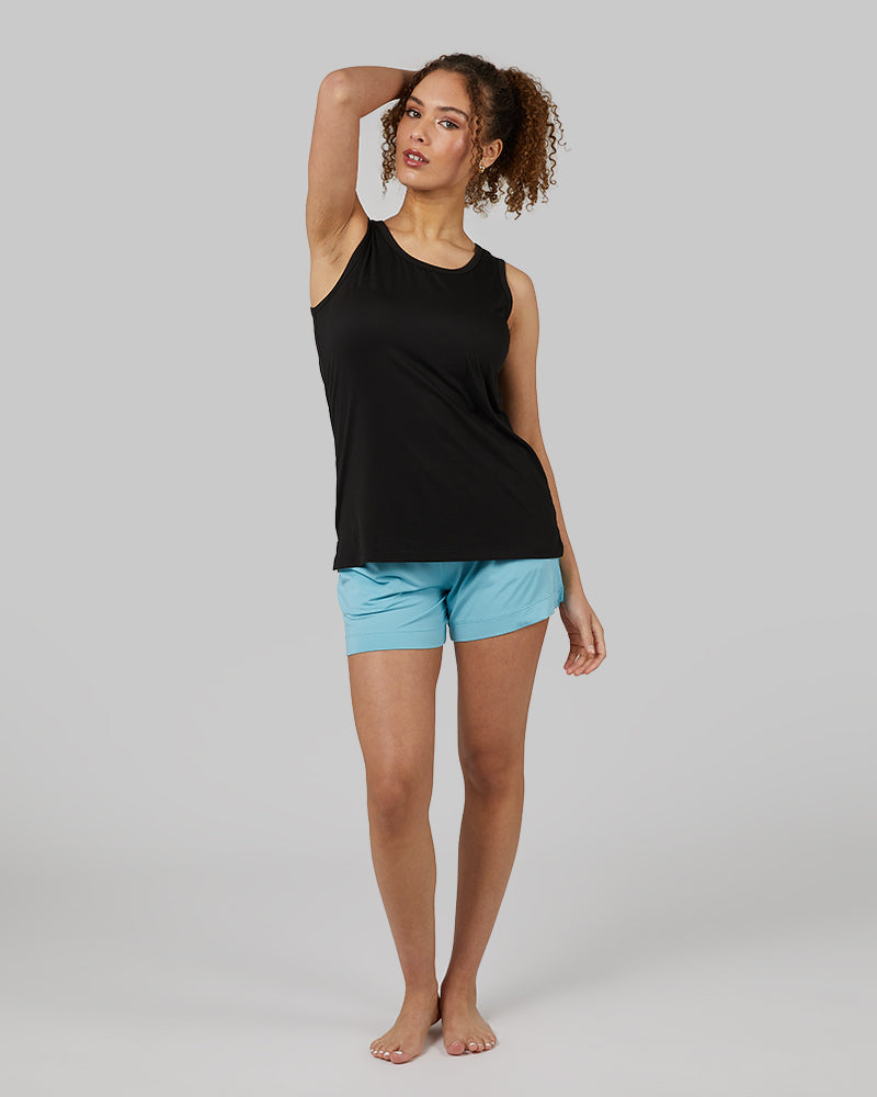 32 Degrees Black _ Womens Cool Relaxed Sleep Tank {model: Yanisha is 5'7" and size 4, wearing size S}{bottom}{right} {bottom}{right}