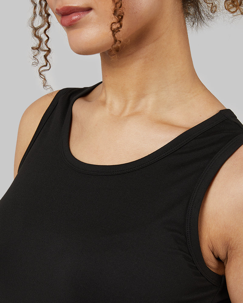 32 Degrees Black _ Womens Cool Relaxed Sleep Tank {model: Yanisha is 5'7" and size 4, wearing size S}{bottom}{right} {bottom}{right}