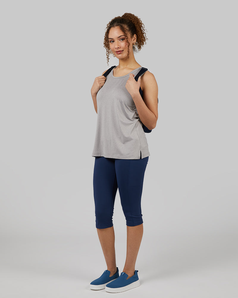 32 Degrees Ghost Grey Heather _ Womens Cool Relaxed Sleep Tank {model: Yanisha is 5'7" and size 4, wearing size S}{bottom}{right} {bottom}{right}
