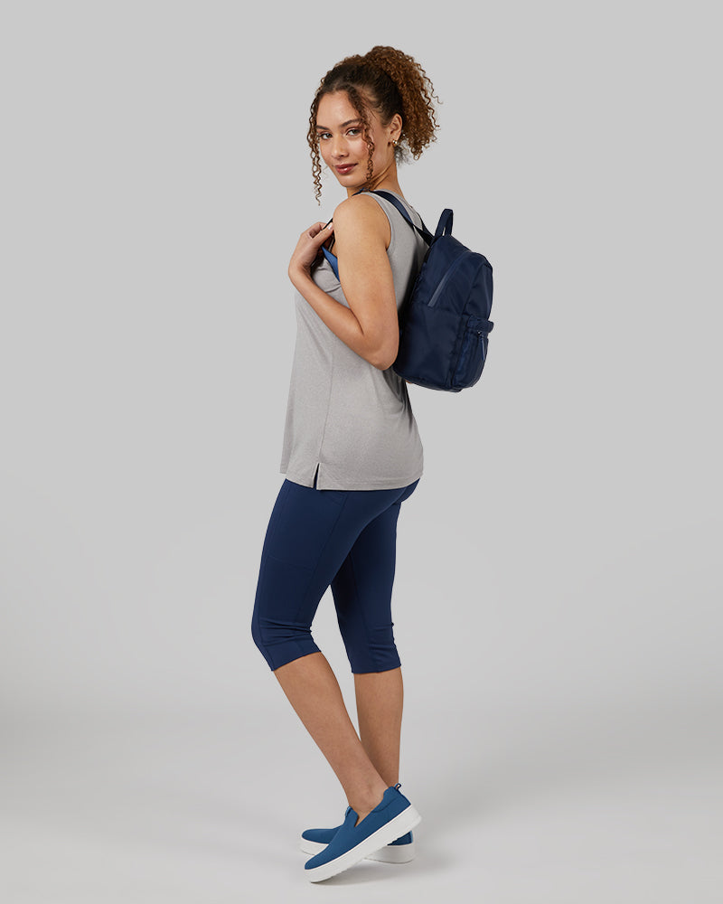 32 Degrees Ghost Grey Heather _ Womens Cool Relaxed Sleep Tank {model: Yanisha is 5'7" and size 4, wearing size S}{bottom}{right} {bottom}{right}