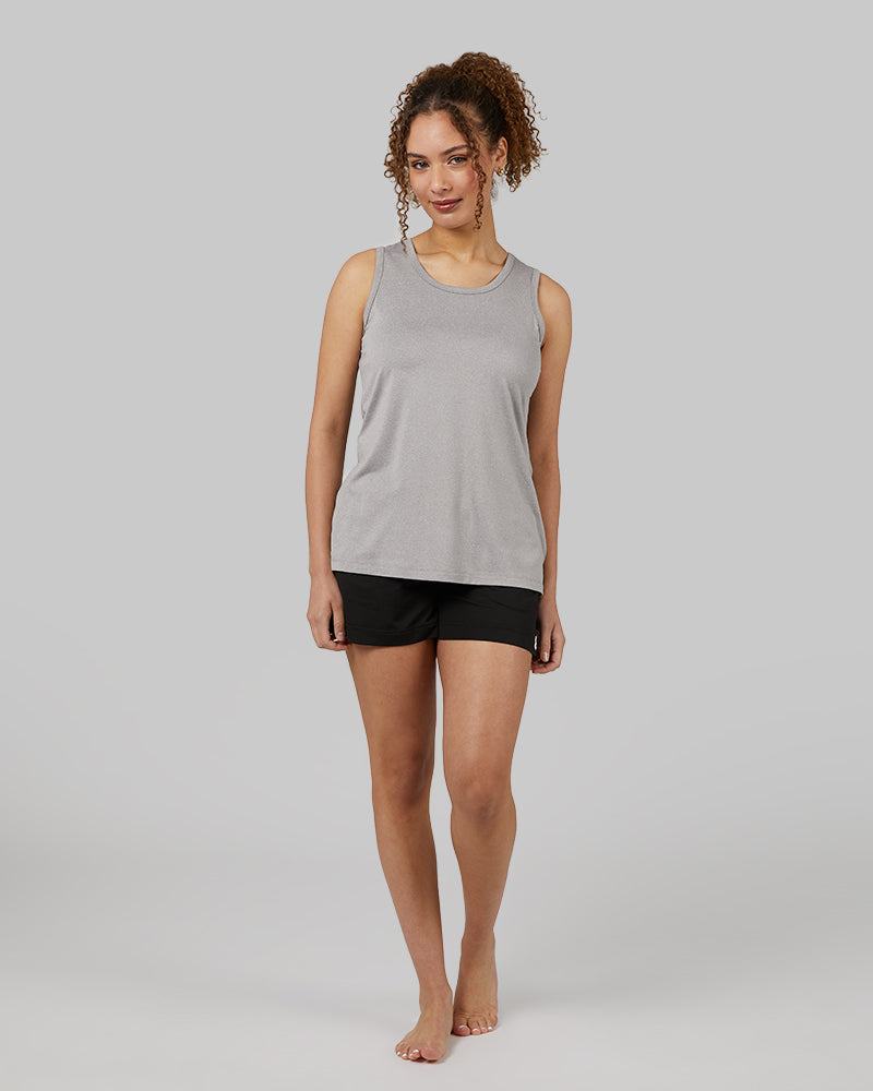32 Degrees Ghost Grey Heather _ Womens Cool Relaxed Sleep Tank {model: Yanisha is 5'7" and size 4, wearing size S}{bottom}{right} {bottom}{right}