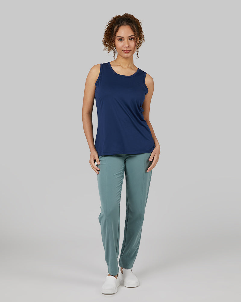 32 Degrees Inky Indigo _ Womens Cool Relaxed Sleep Tank {model: Yanisha is 5'7" and size 4, wearing size S}{bottom}{right} {bottom}{right}