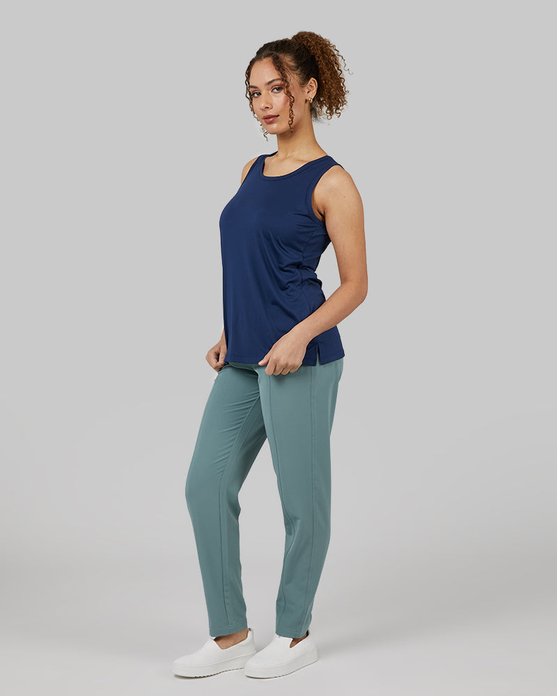 32 Degrees Inky Indigo _ Womens Cool Relaxed Sleep Tank {model: Yanisha is 5'7" and size 4, wearing size S}{bottom}{right} {bottom}{right}