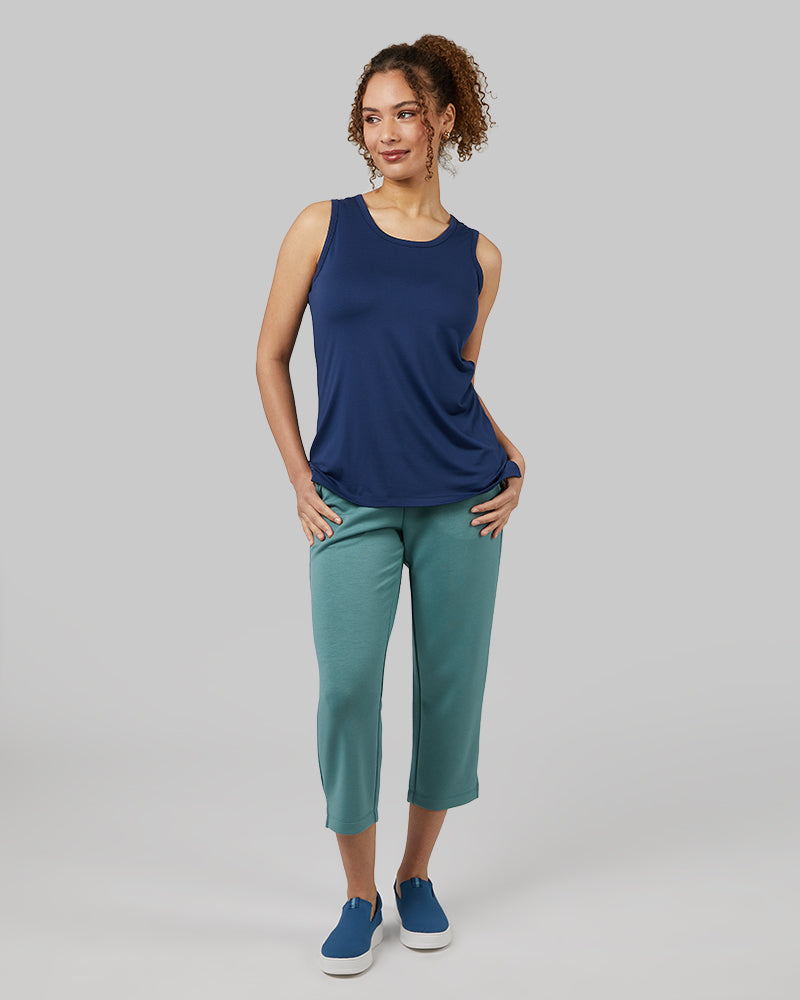 32 Degrees Inky Indigo _ Womens Cool Relaxed Sleep Tank {model: Yanisha is 5'7" and size 4, wearing size S}{bottom}{right} {bottom}{right}