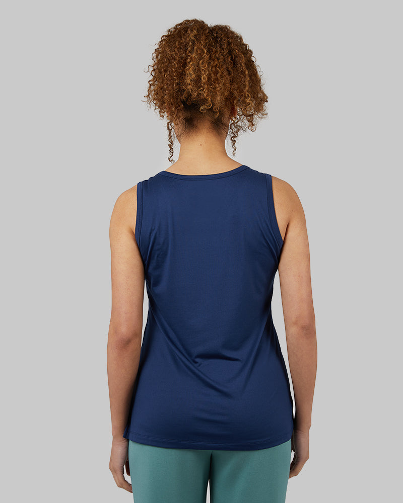 32 Degrees Inky Indigo _ Womens Cool Relaxed Sleep Tank {model: Yanisha is 5'7" and size 4, wearing size S}{bottom}{right} {bottom}{right}