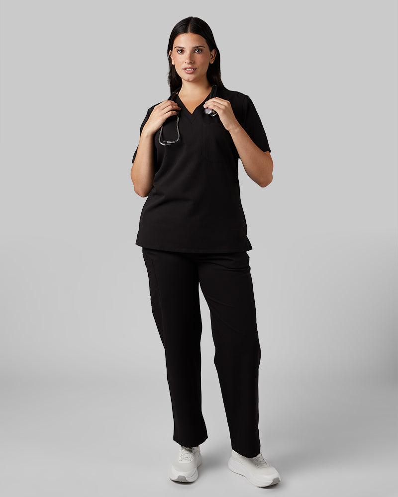 32 Degrees Black _ Womens 1-Pocket V-Neck scrub Top {model: Francesca is 5'10and size 6 wearing size M}{bottom}{right} {bottom}{right}