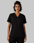 32 Degrees Black _ Womens 1-Pocket V-Neck scrub Top {model: Arantza is 5'9"and size 2 wearing size XS}{bottom}{right} {bottom}{right}