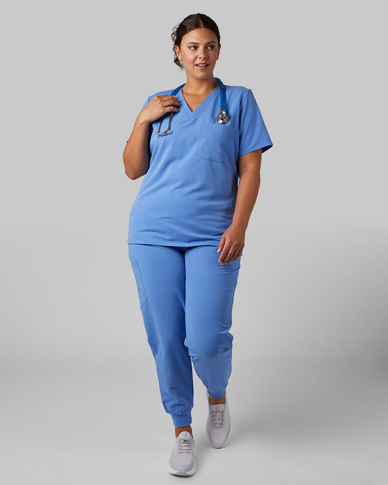 32 Degrees Blue Sky _ Womens 1-Pocket V-Neck scrub Top {model: Hannah is 5'10and size 14 wearing size L}{bottom}{right} {bottom}{right}