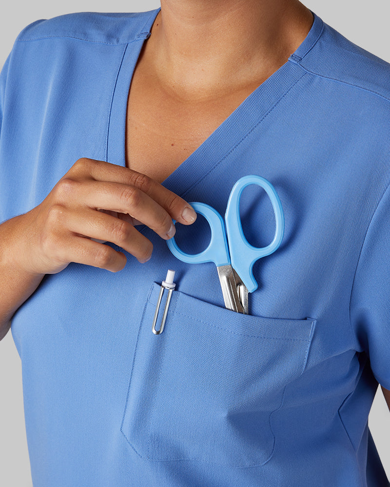 32 Degrees Blue Sky _ Womens 1-Pocket V-Neck scrub Top {model: Hannah is 5'10and size 14 wearing size L}{bottom}{right} {bottom}{right}