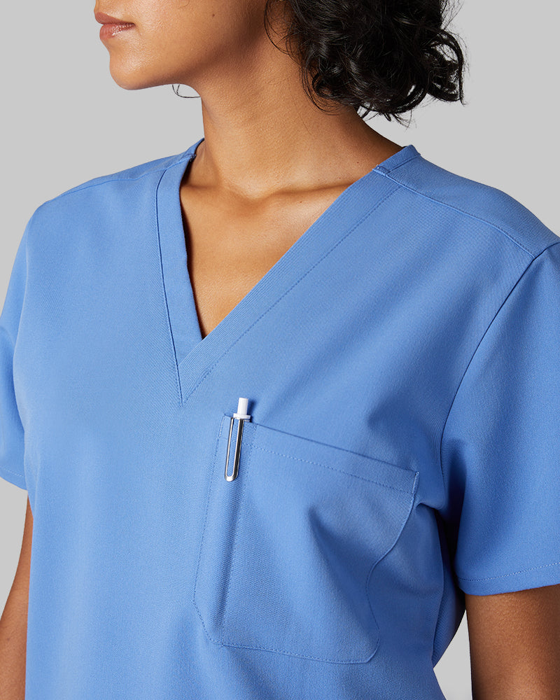 32 Degrees Blue Sky _ Womens 1-Pocket V-Neck scrub Top {model: Arantza is 5'9"and size 2 wearing size XS}{bottom}{right} {bottom}{right}