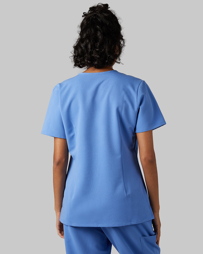32 Degrees Blue Sky _ Womens 1-Pocket V-Neck scrub Top {model: Arantza is 5'9"and size 2 wearing size XS}{bottom}{right} {bottom}{right}