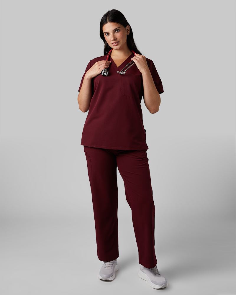 32 Degrees Burgundy _ Womens 1-Pocket V-Neck scrub Top {model: Francesca is 5'10and size 6 wearing size M}{bottom}{right} {bottom}{right}
