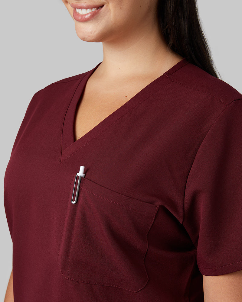 32 Degrees Burgundy _ Womens 1-Pocket V-Neck scrub Top {model: Francesca is 5'10and size 6 wearing size M}{bottom}{right} {bottom}{right}