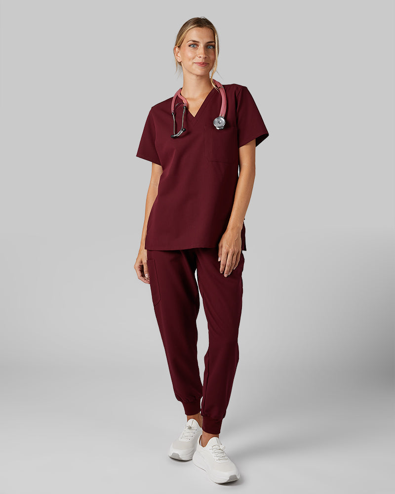32 Degrees Burgundy _ Womens 1-Pocket V-Neck scrub Top {model: Colby is 5'9"and size 4 wearing size S}{bottom}{right} {bottom}{right}