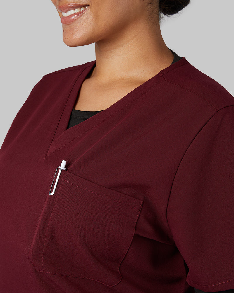 32 Degrees Burgundy _ Womens 1-Pocket V-Neck scrub Top {model: Madison is 5'9and size 16 wearing size XL}{bottom}{right} {bottom}{right}