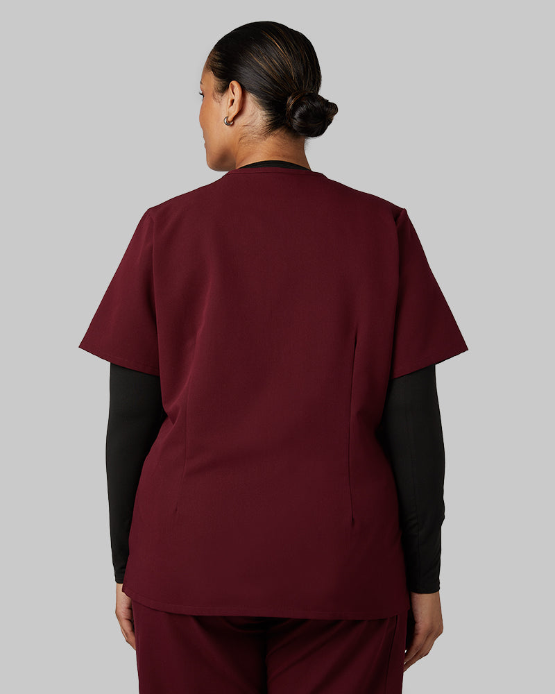 32 Degrees Burgundy _ Womens 1-Pocket V-Neck scrub Top {model: Madison is 5'9and size 16 wearing size XL}{bottom}{right} {bottom}{right}