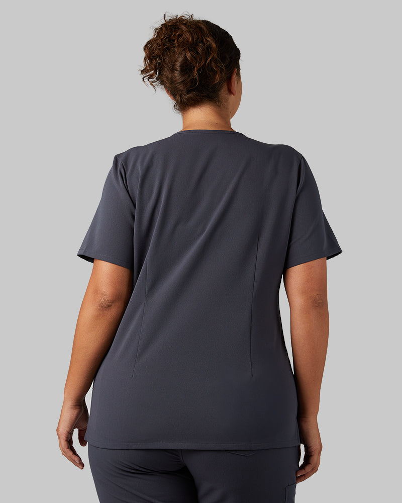 32 Degrees Charcoal _ Womens 1-Pocket V-Neck scrub Top {model: Hannah is 5'10and size 14 wearing size L}{bottom}{right} {bottom}{right}