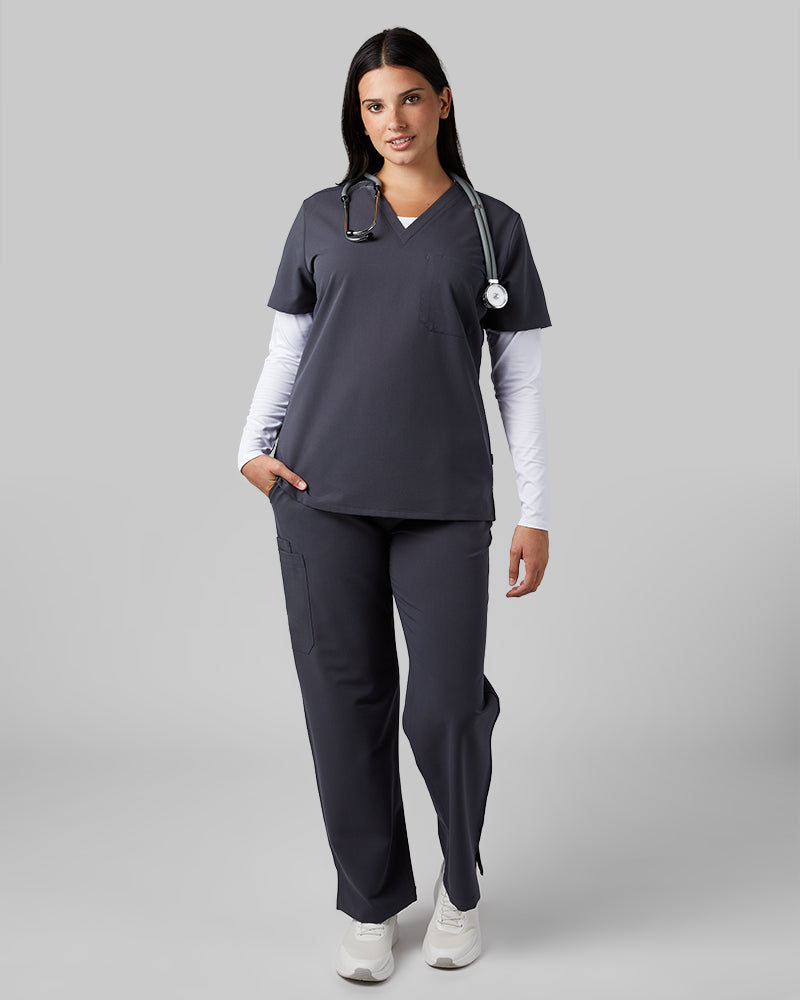 32 Degrees Charcoal _ Womens 1-Pocket V-Neck scrub Top {model: Francesca is 5'10and size 6 wearing size M}{bottom}{right} {bottom}{right}
