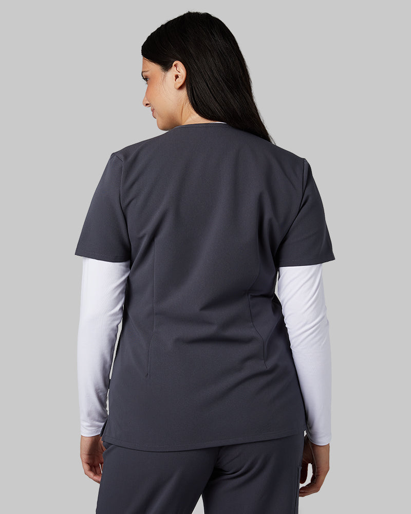32 Degrees Charcoal _ Womens 1-Pocket V-Neck scrub Top {model: Francesca is 5'10and size 6 wearing size M}{bottom}{right} {bottom}{right}