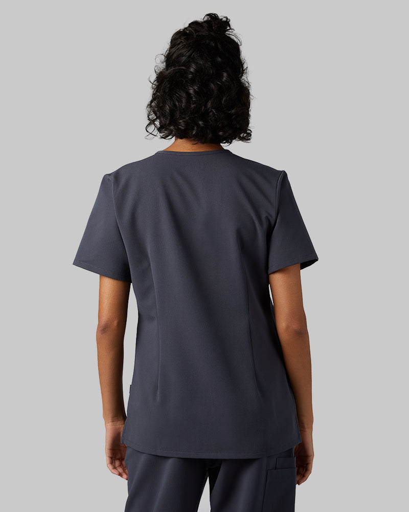 32 Degrees Charcoal _ Womens 1-Pocket V-Neck scrub Top {model: Arantza is 5'9"and size 2 wearing size XS}{bottom}{right} {bottom}{right}