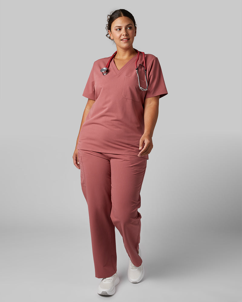 32 Degrees Mauve _ Womens 1-Pocket V-Neck scrub Top {model: Hannah is 5'10and size 14 wearing size L}{bottom}{right} {bottom}{right}