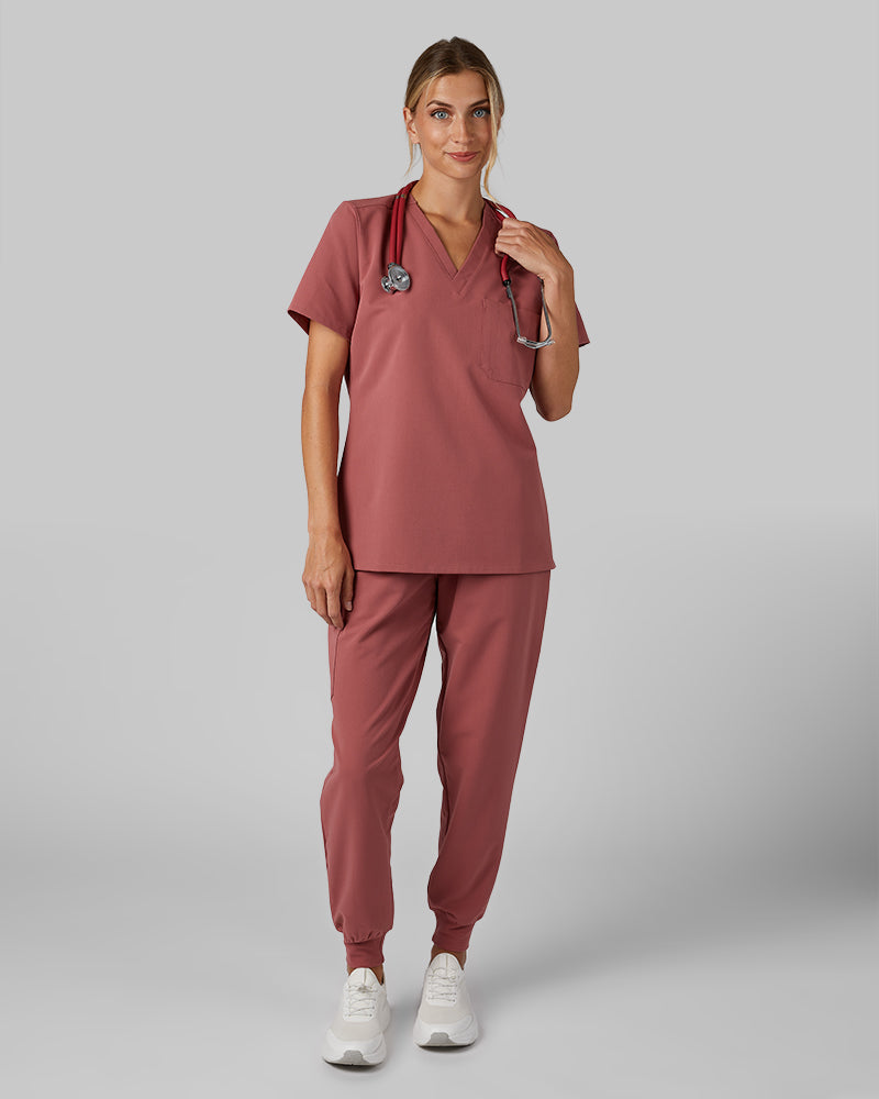 32 Degrees Mauve _ Womens 1-Pocket V-Neck scrub Top {model: Colby is 5'9"and size 4 wearing size S}{bottom}{right} {bottom}{right}
