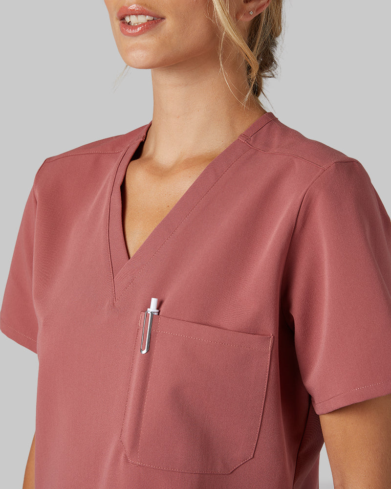 32 Degrees Mauve _ Womens 1-Pocket V-Neck scrub Top {model: Colby is 5'9"and size 4 wearing size S}{bottom}{right} {bottom}{right}