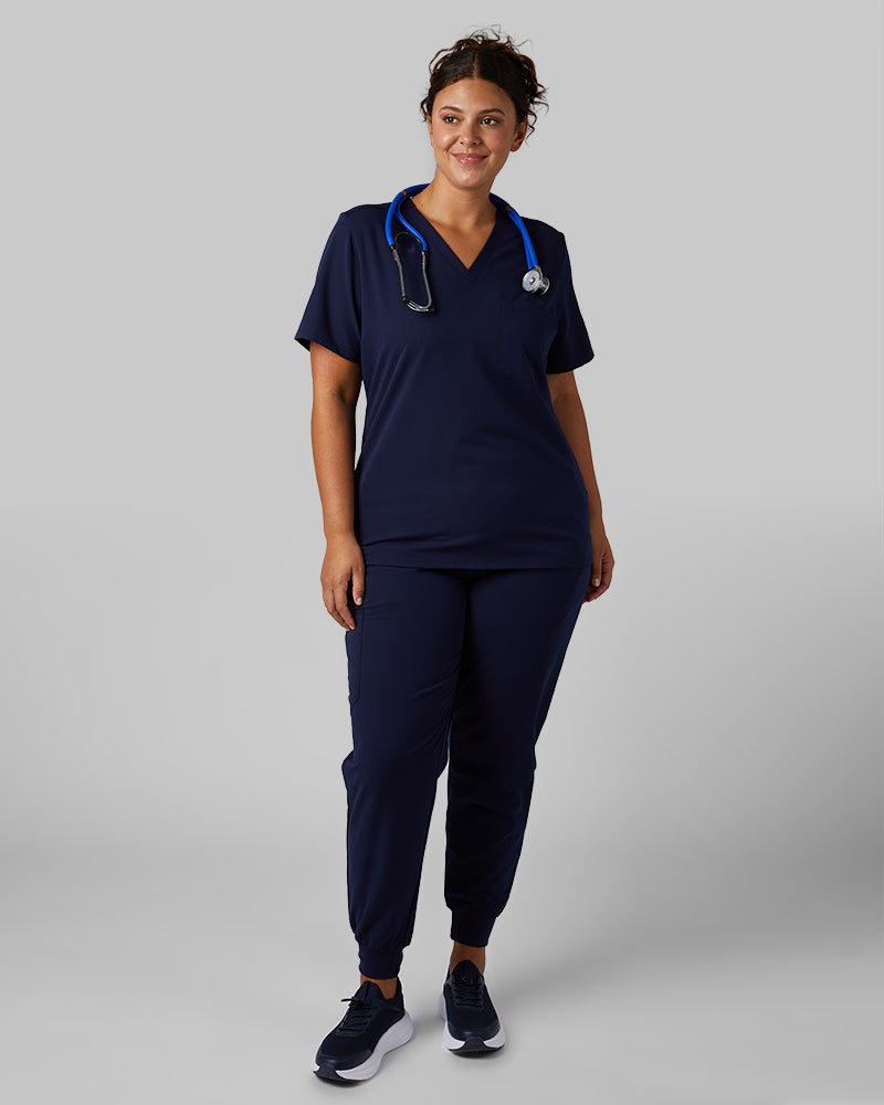 32 Degrees Navy _ Womens 1-Pocket V-Neck scrub Top {model: Hannah is 5'10and size 14 wearing size L}{bottom}{right} {bottom}{right}