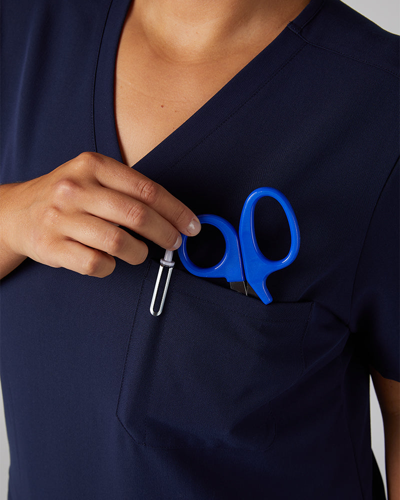 32 Degrees Navy _ Womens 1-Pocket V-Neck scrub Top {model: Hannah is 5'10and size 14 wearing size L}{bottom}{right} {bottom}{right}