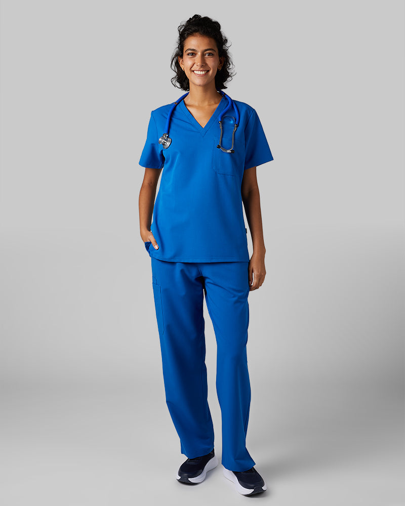 32 Degrees Royal _ Womens 1-Pocket V-Neck scrub Top {model: Arantza is 5'9"and size 2 wearing size XS}{bottom}{right} {bottom}{right}