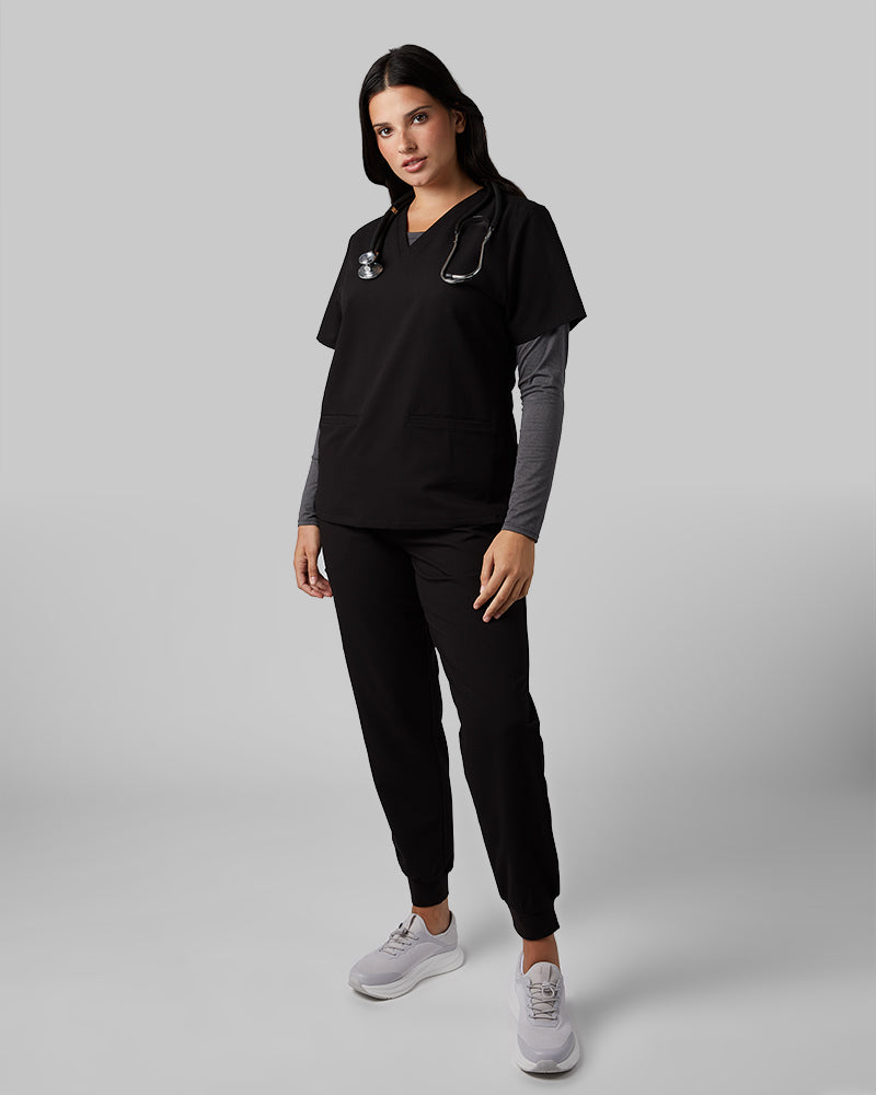 32 Degrees Black _ Women's 2-Pocket V-Neck scrub Top {model: Francesca is 5'10and size 6 wearing size M}{bottom}{right} {bottom}{right}