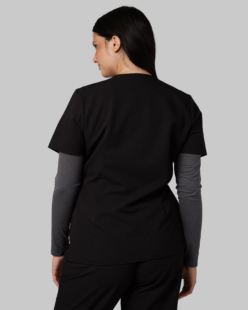 32 Degrees Black _ Women's 2-Pocket V-Neck scrub Top {model: Francesca is 5'10and size 6 wearing size M}{bottom}{right} {bottom}{right}