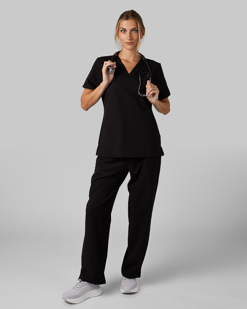 32 Degrees Black _ Women's 2-Pocket V-Neck scrub Top {model: Colby is 5'9"and size 4 wearing size S}{bottom}{right} {bottom}{right}