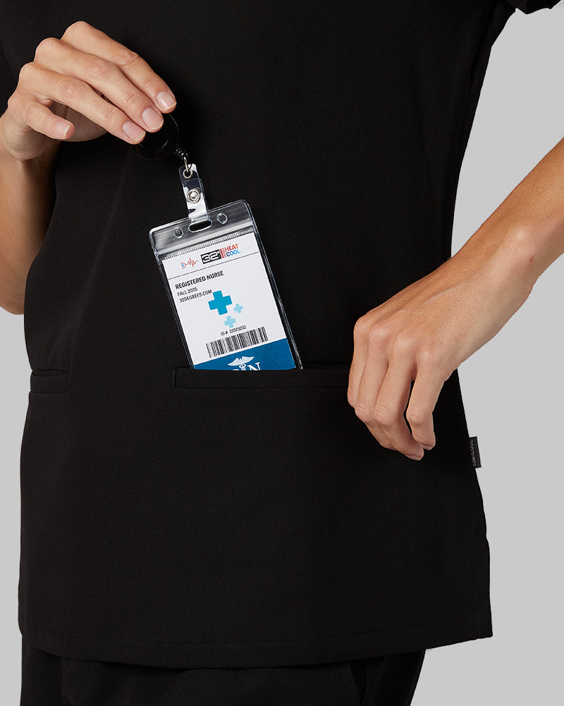 32 Degrees Black _ Women's 2-Pocket V-Neck scrub Top {model: Colby is 5'9"and size 4 wearing size S}{bottom}{right} {bottom}{right}