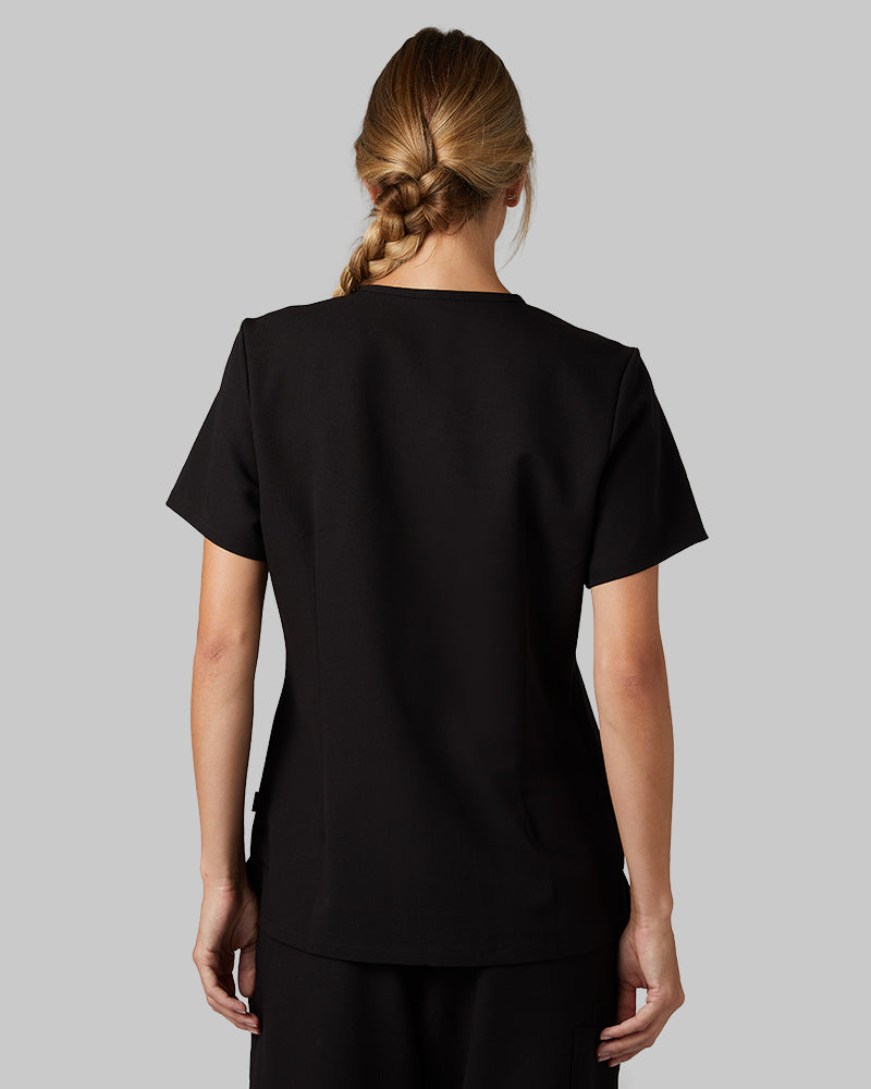 32 Degrees Black _ Women's 2-Pocket V-Neck scrub Top {model: Colby is 5'9"and size 4 wearing size S}{bottom}{right} {bottom}{right}