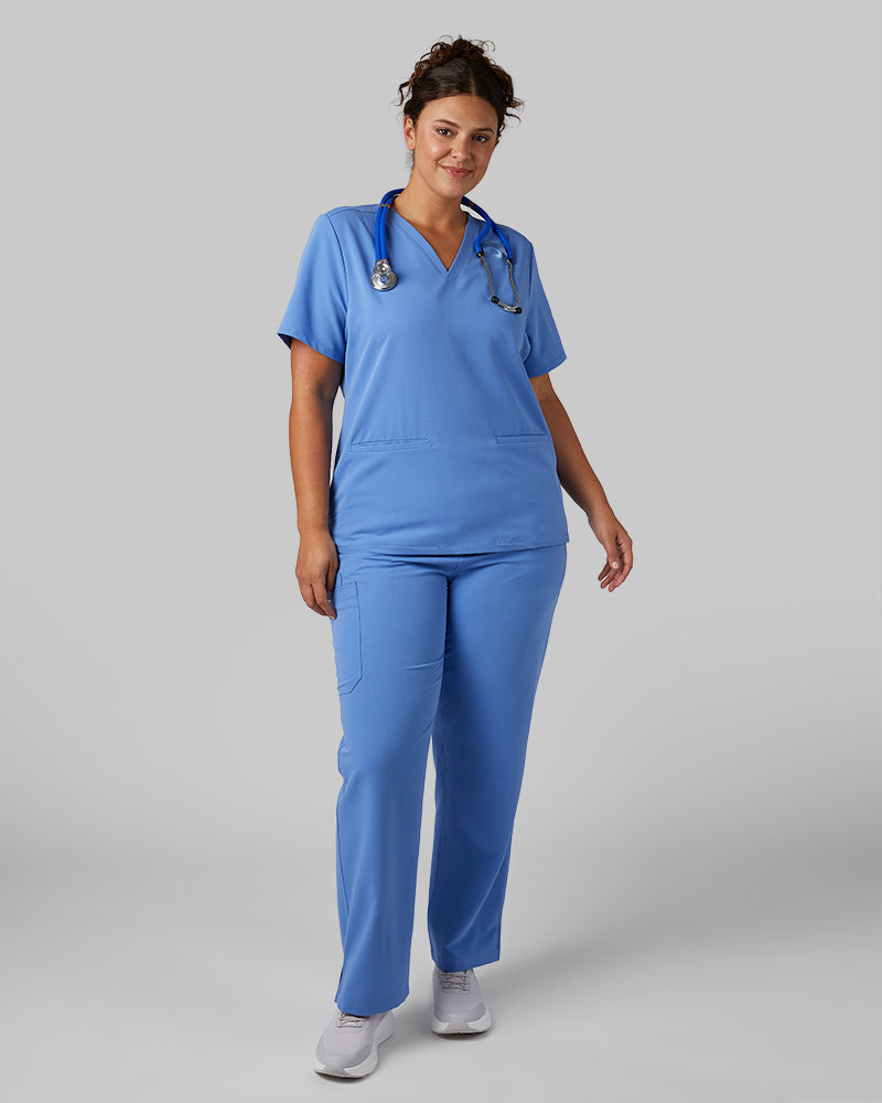 32 Degrees Blue Sky _ Women's 2-Pocket V-Neck scrub Top {model: Hannah is 5'10and size 14 wearing size L}{bottom}{right} {bottom}{right}