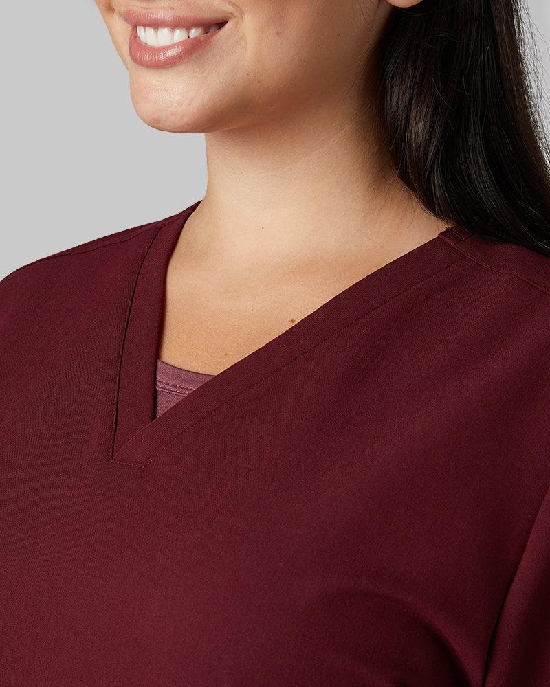 32 Degrees Burgundy _ Women's 2-Pocket V-Neck scrub Top {model: Francesca is 5'10and size 6 wearing size M}{bottom}{right} {bottom}{right}