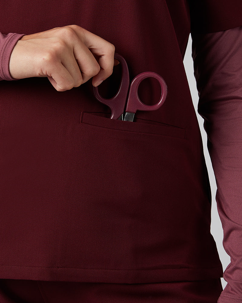 32 Degrees Burgundy _ Women's 2-Pocket V-Neck scrub Top {model: Francesca is 5'10and size 6 wearing size M}{bottom}{right} {bottom}{right}