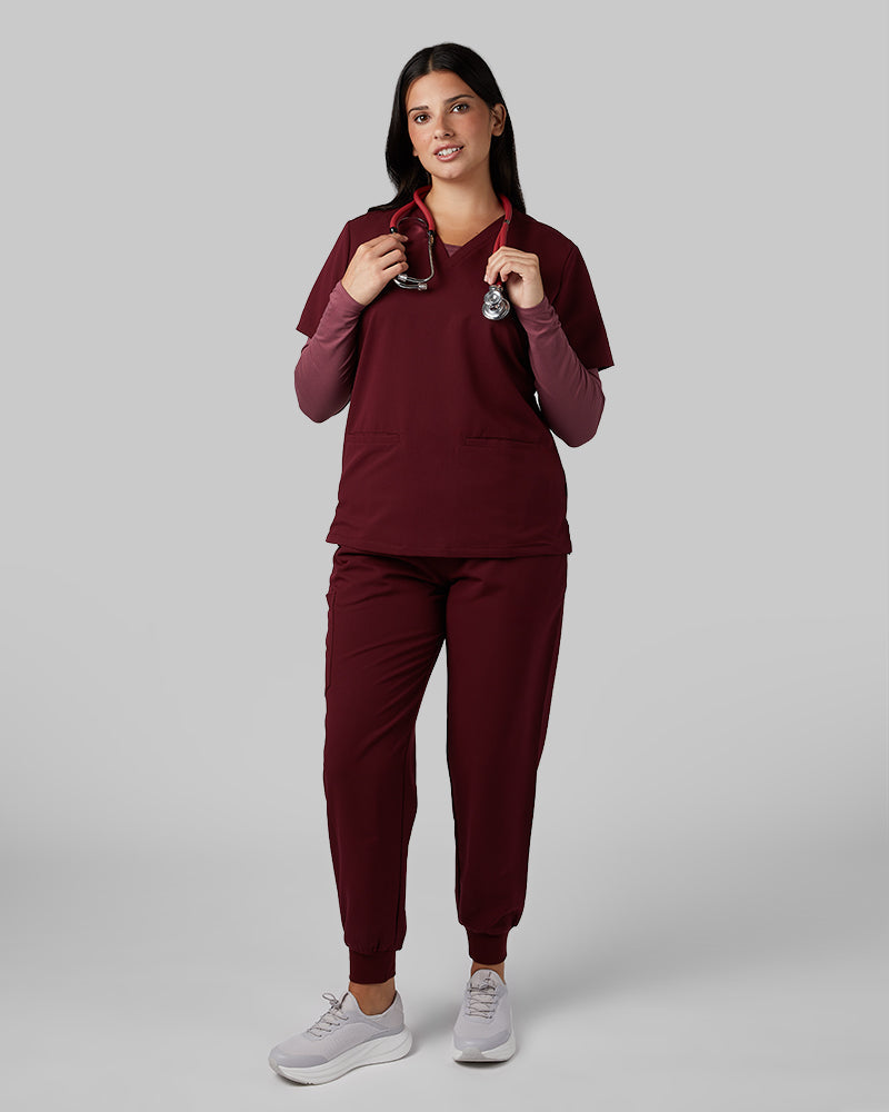 32 Degrees Burgundy _ Women's 2-Pocket V-Neck scrub Top {model: Francesca is 5'10and size 6 wearing size M}{bottom}{right} {bottom}{right}
