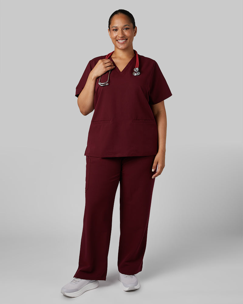 32 Degrees Burgundy _ Women's 2-Pocket V-Neck scrub Top {model: Madison is 5'9and size 16 wearing size XL}{bottom}{right} {bottom}{right}