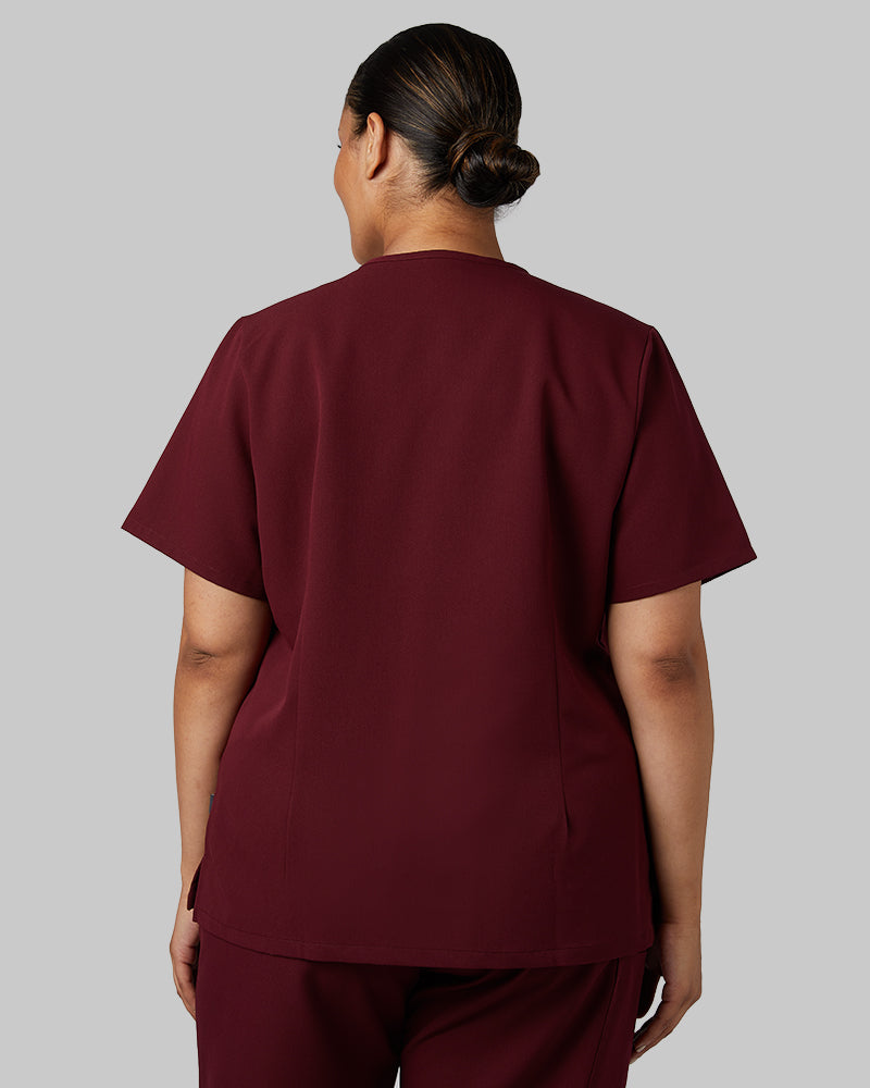 32 Degrees Burgundy _ Women's 2-Pocket V-Neck scrub Top {model: Madison is 5'9and size 16 wearing size XL}{bottom}{right} {bottom}{right}