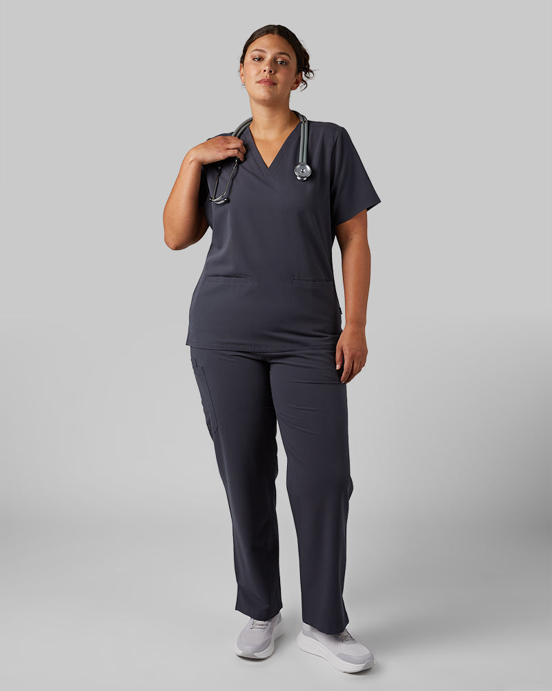 32 Degrees Charcoal _ Women's 2-Pocket V-Neck scrub Top {model: Hannah is 5'10and size 14 wearing size L}{bottom}{right} {bottom}{right}